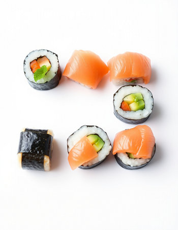Sushi set isolated on white background. Sushi roll with salmon, avocado, cucumber and cream cheeseの写真素材