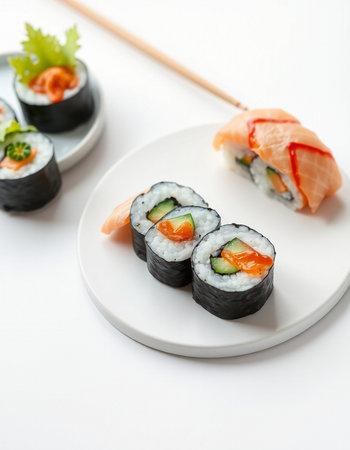 Sushi set on a white background. Sushi rolls with salmon, avocado, cucumber, cream cheese and wasabi.の写真素材