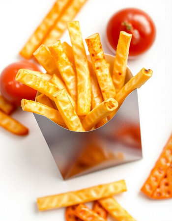 French fries in a paper box on a white background, top view