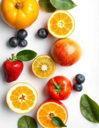 Fruits and berries on a white background. Flat lay, top viewの写真素材