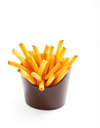 French fries in a box isolated on white background. Selective focus.