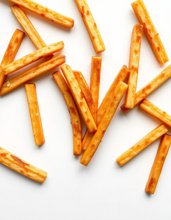 close up of a pile of grissini sticks on white background