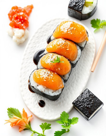 Sushi rolls with salmon and caviar on a white background.の写真素材
