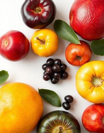Fruits and vegetables on a white background. Flat lay, top viewの写真素材