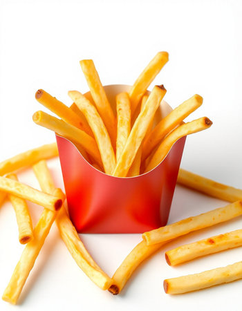 French fries in a red box on a white background. Selective focus.