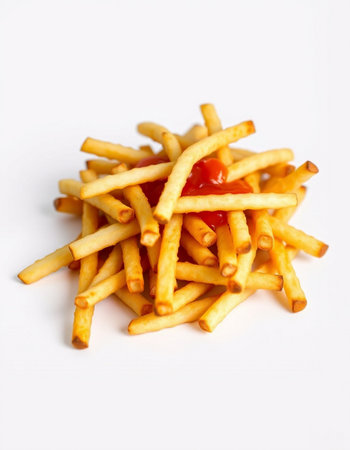 French fries with ketchup on a white background, close-up
