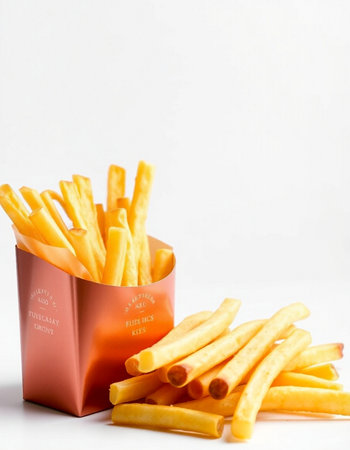 French fries in a paper box on a white background. Selective focus.