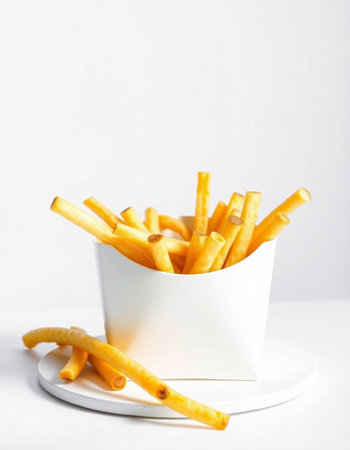 French fries in a paper cup on a white background. Close-up.