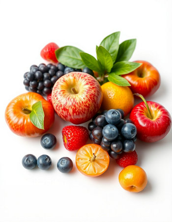 Fruits and berries on a white background. Shallow dof.