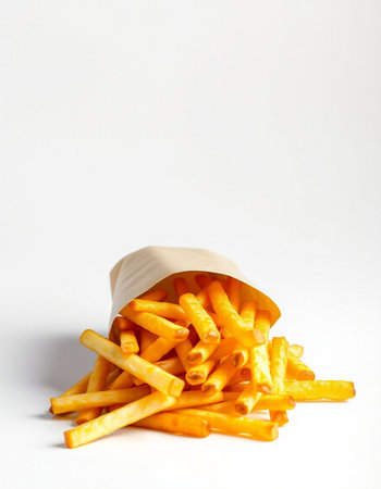 French fries in a paper bag on a white background. Fast food.の写真素材