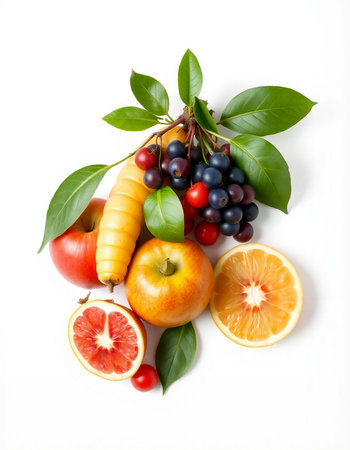 Fruits and vegetables isolated on white background. Healthy food concept.