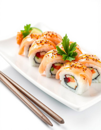 Sushi rolls with salmon, avocado, cucumber and cream cheese on white backgroundの写真素材