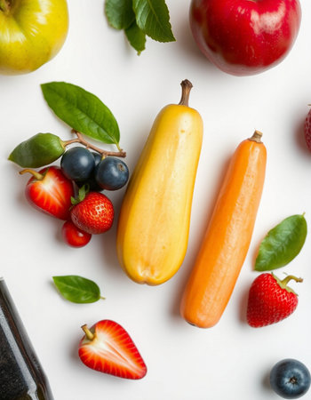 Fruits and vegetables on a white background. Flat lay, top viewの写真素材