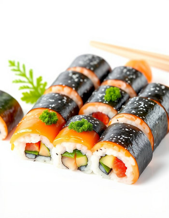 Sushi rolls with salmon, tuna, cucumber and cream cheeseの写真素材