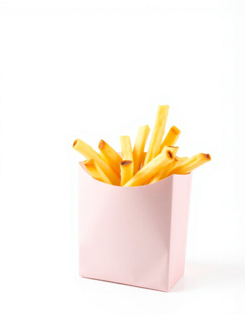 French fries in a pink box on a white background. Isolatedの写真素材