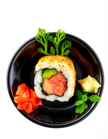 Sushi roll in black bowl isolated on white background. Japanese foodの写真素材