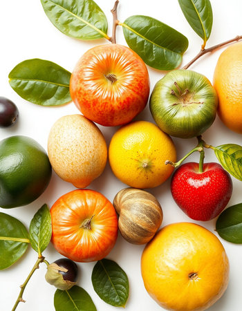 Fruits and vegetables on a white background. Flat lay, top view
