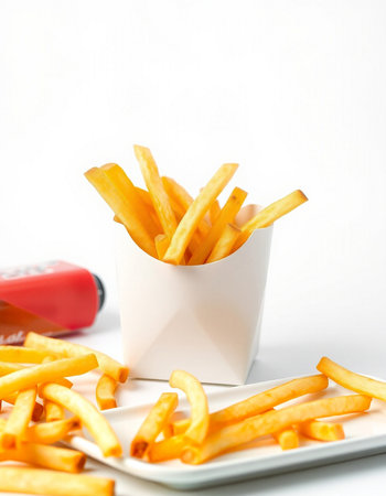 French fries in a white box on a white background, close-up
