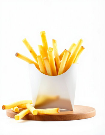 French fries in a paper box on a white background. Selective focus.