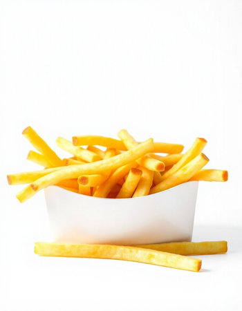 French fries in a white bowl on a white background. Selective focus.