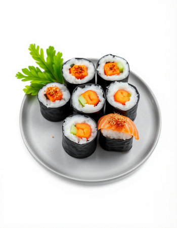 Sushi roll with salmon and cucumber isolated on white background.の写真素材