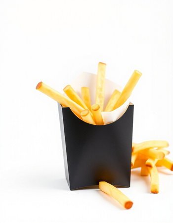 French fries in a black box on a white background. Selective focus.の写真素材