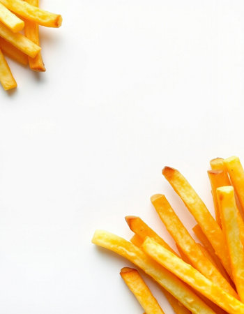French fries on white background. Top view. Space for text.の写真素材