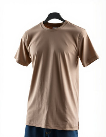 Brown t-shirt on a mannequin isolated on white backgroundの写真素材