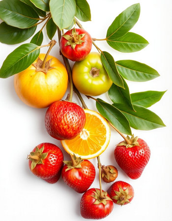 strawberry, orange, apple, persimmon on white background