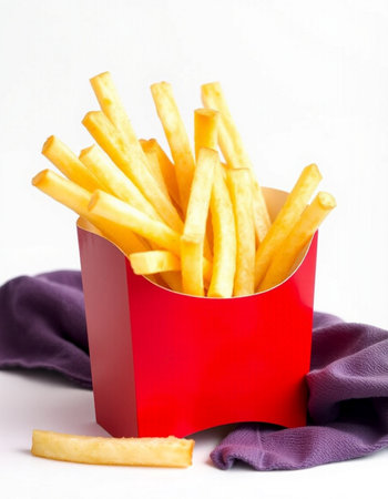 French fries in a red box on a white background, fast food