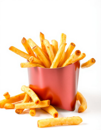 Crispy golden French fries in a red cup on a white background