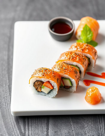 Sushi roll with salmon, avocado, cucumber and cream cheeseの写真素材