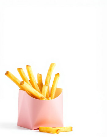 French fries in a pink paper bag isolated on a white background.
