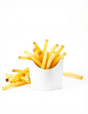 French fries in a white box on a white background. Isolated