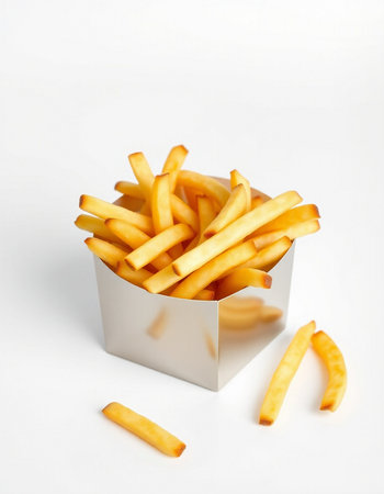 French fries in a white box on a white background, fast food