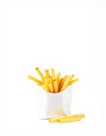 French fries in a white paper bag on a white background, isolate