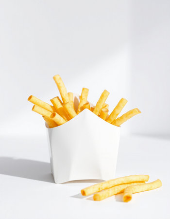 French fries in a white box on a white background with a shadow
