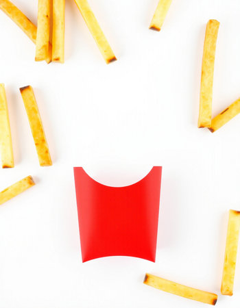 French fries with red label isolated on white background. Top view.の写真素材