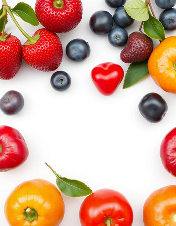 fresh fruits and berries isolated on white background. Top view. Flat lay pattern.