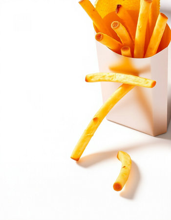 French fries in a box on a white background. Shallow depth of field.