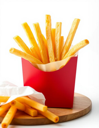 French fries in a red box on a white background, fast food
