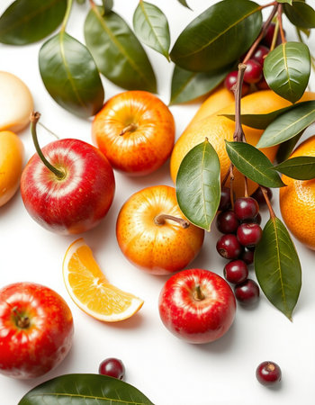 Fruits and berries on a white background, close-up.