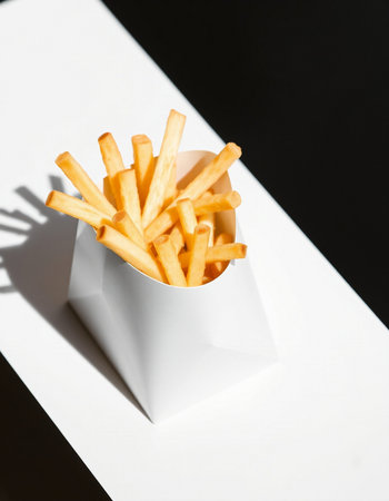 French fries in a white box on a black and white background.