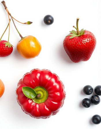 Fresh fruits and berries on white background. Flat lay, top view