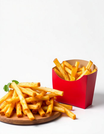 French fries in a red box on a white background. Fast food.
