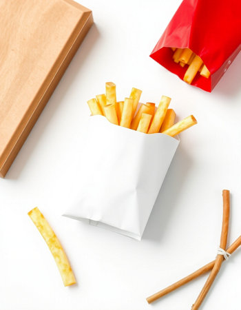 French fries in paper bag on white table background top view mockup