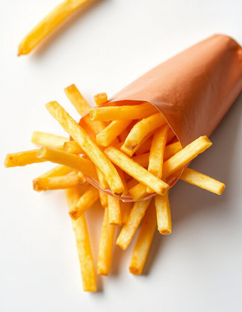 Golden French fries in a brown paper bag on a white background.の写真素材