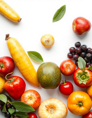 Fresh fruits and vegetables on white background, top view. Healthy food