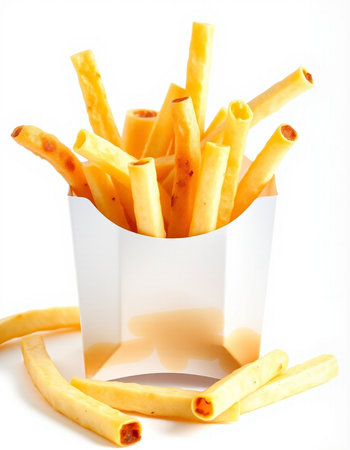 French fries in paper box isolated on white background. Selective focus.