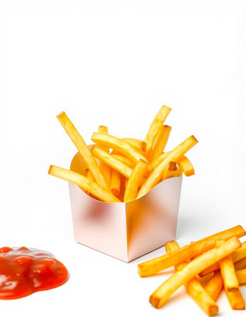 French fries in a box with ketchup on a white background.